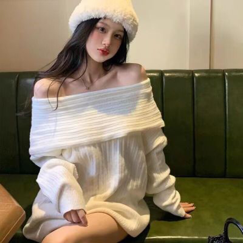 Lazy Style One-Shoulder Sweater and Sweater for Women, Autumn and Winter Design, Mid-Length, Loose and Versatile, Long-Sleeved Top for Outer Wear