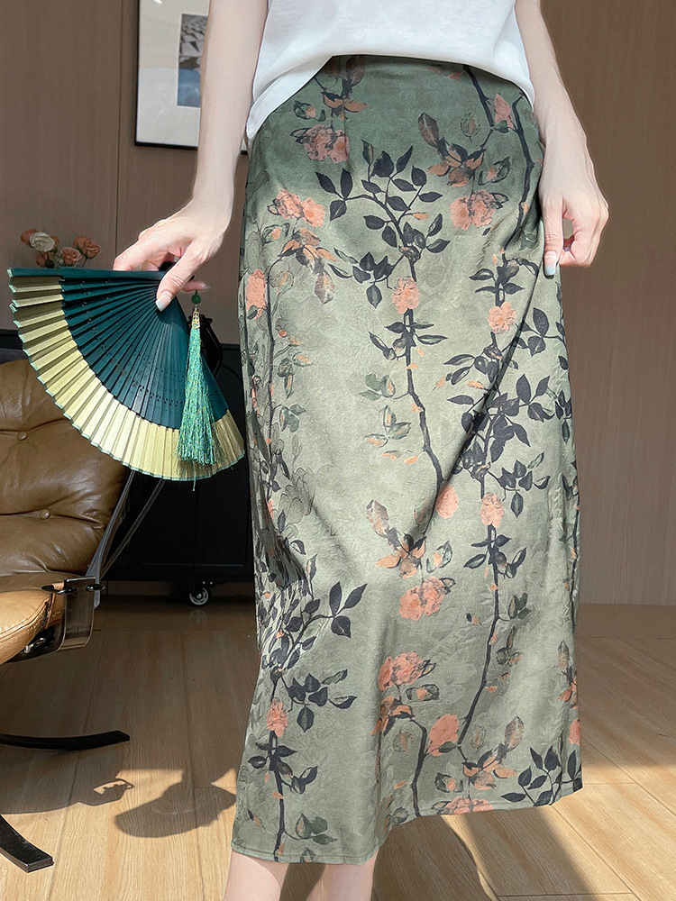Light Luxury Silky Satin Jacquard New Chinoiserie Women's National Style Skirt 25 Summer New Cloud Yarn Retro Mid-Length Skirt