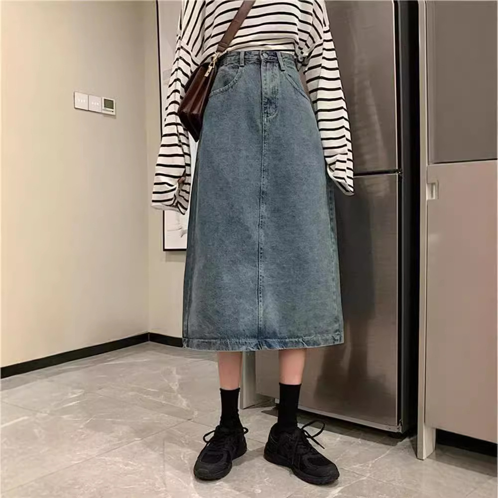 Deep light blue High Waist Split Denim Skirt Women's Summer plus size Fat Hip Covering Slimming Mid-length A- line Skirt