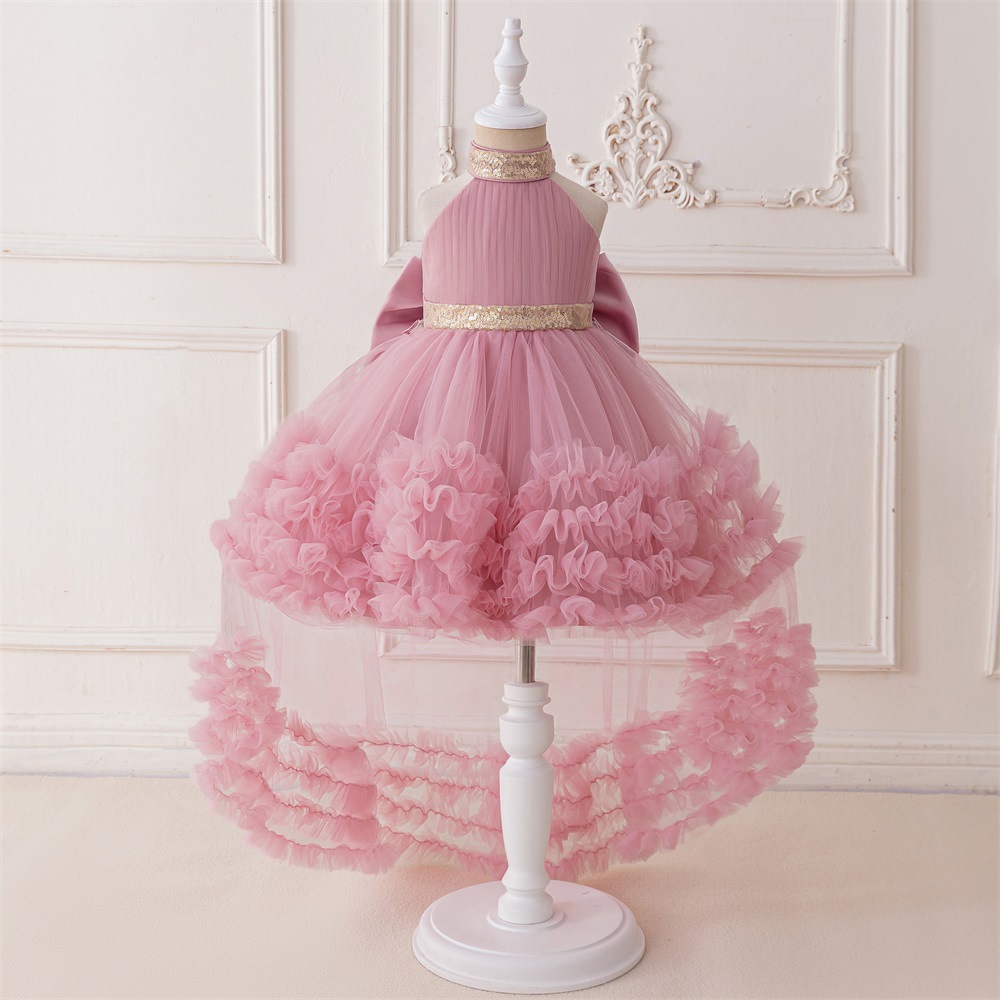 2025 Cross-Border New Girls Birthday Dress Girls Performance Dress Halterneck Tail Princess Dress Mesh Children's Dress