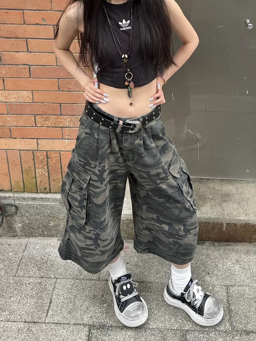 American Vintage Camouflage Denim Capri Pants Women's Summer Hot Girl Street Low Waist Loose Multi-Pocket Work Shorts Trendy