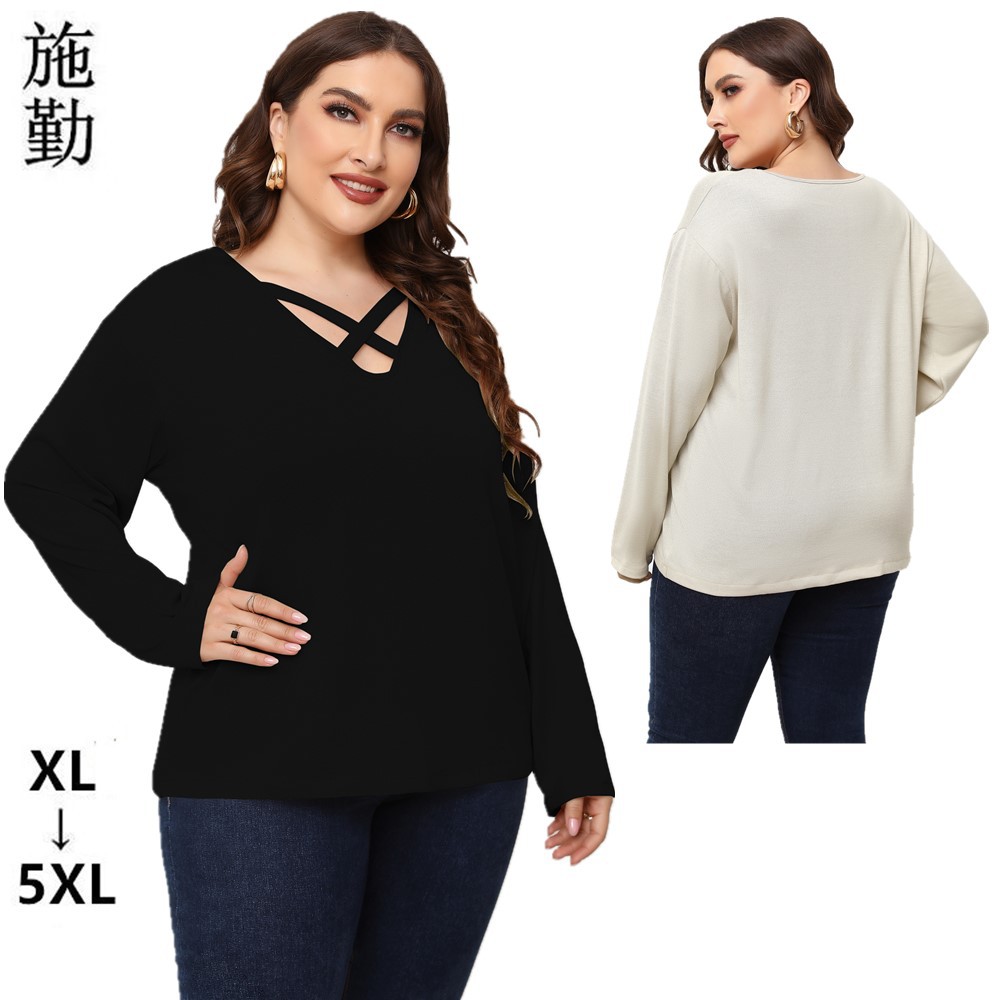 Amazon Spring New European and American Plus Size Women's Long-Sleeved Tops Plus Size Top Sq0203
