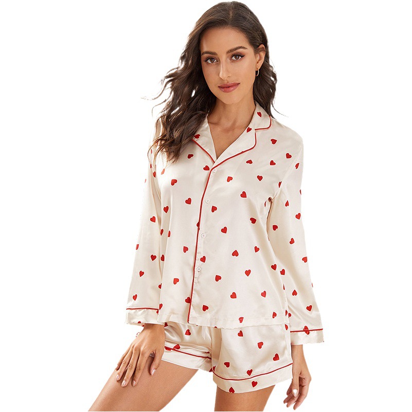 Spring New Women's Sweet Love-Shaped Women's Suit Pajamas Long-Sleeved Can Be Worn Outside Home Clothes Imitation Silk Two-Piece Set