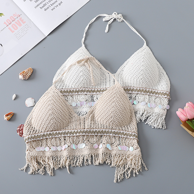 New style knitted beach vest retro halter wrapped chest top versatile sexy V-neck show chest camisole for women