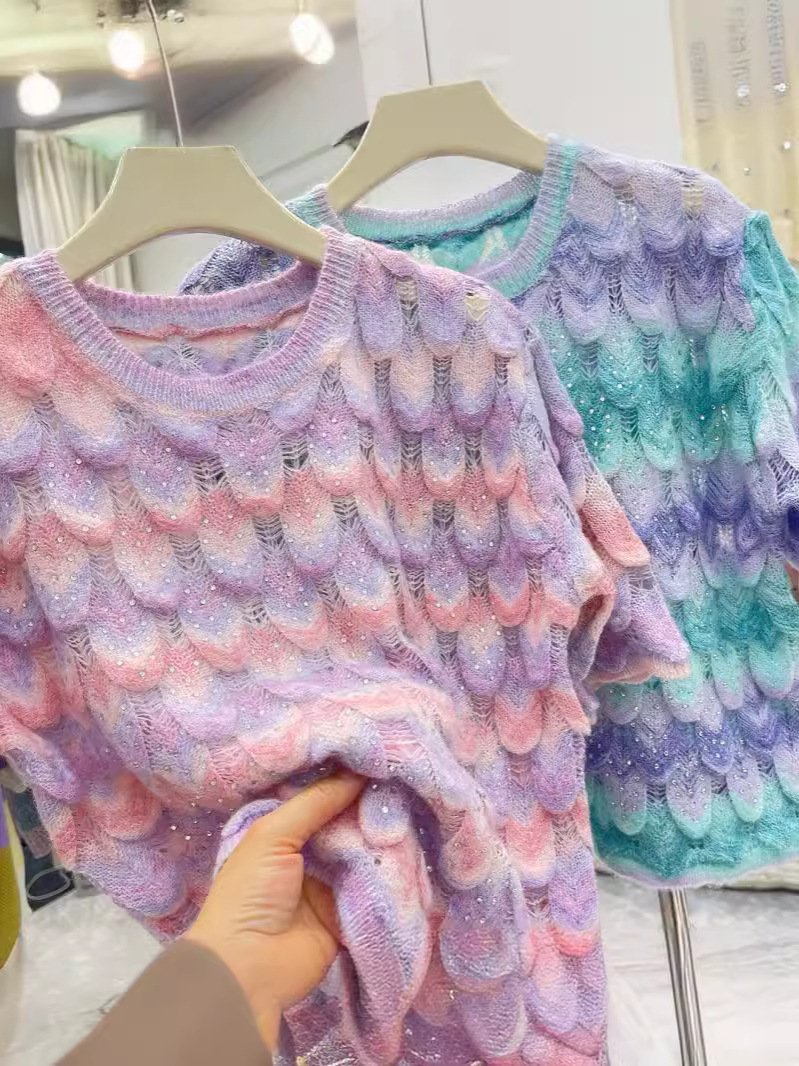 Picture of Summer Thin Heavy Industry Diamond-encrusted Rainbow Color Knitwear Women's New Style Chanel Style Loose Pullover Loose Hollow Top
