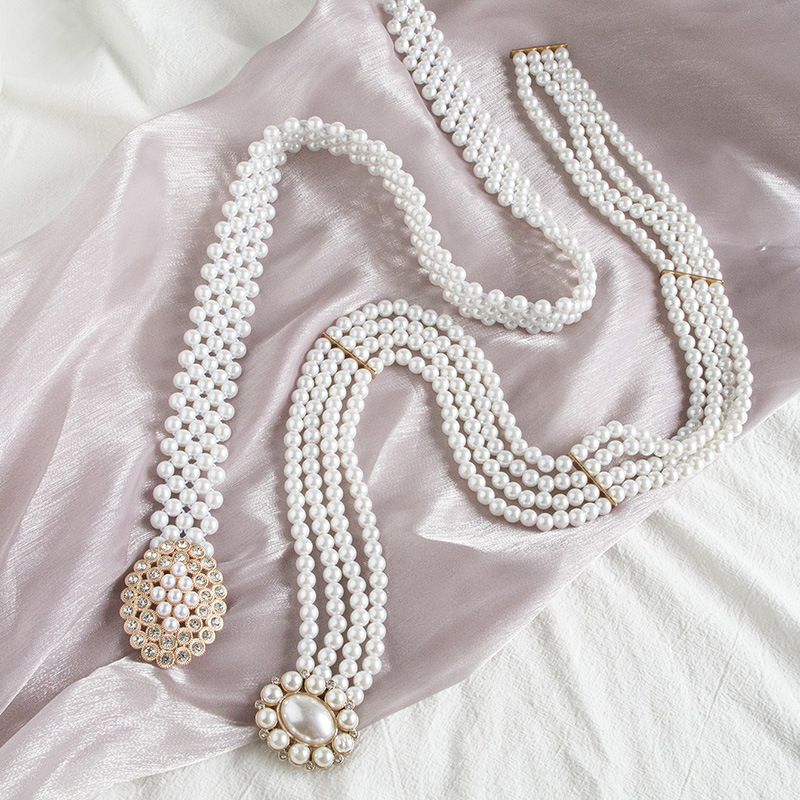 Spring and summer pearl waist chain women's decorative belt with dress thin elastic waist all-match Korean-style sweet and elegant