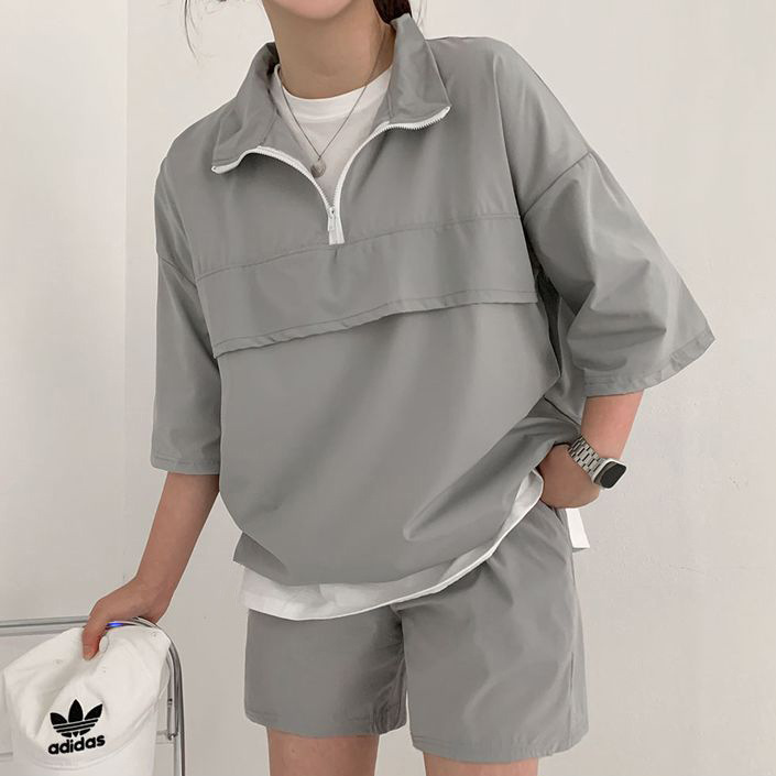 Suit Women's High Neck Zipper Short Sleeve Shorts Women's Two-Piece Suit Summer Fashion Casual Sportswear Large Size Couple