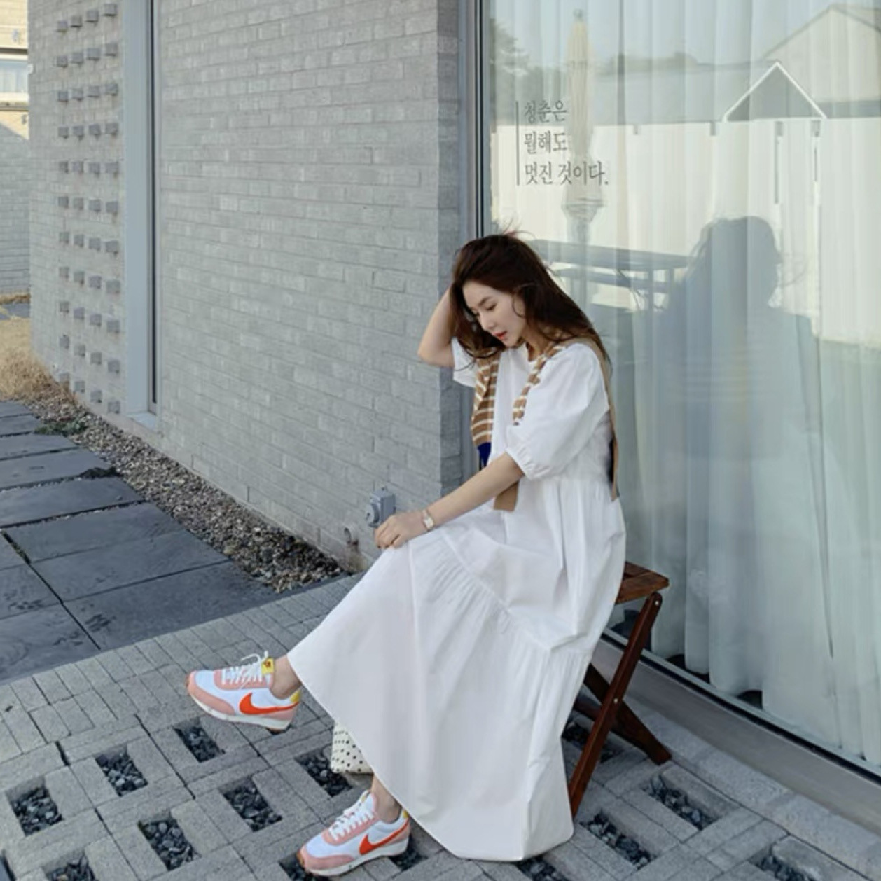 Picture of Korean Loose White Dress for Women Plus Size Elegant Lady Mid-Sleeve A-Line Fairy Skirt Long Skirt Cross-Border Wholesale
