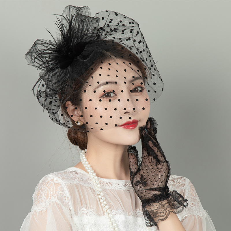 Picture of Retro dance party cheongsam dress accessories mesh hat gloves suit european and american socialite feather face covering hair accessories suit