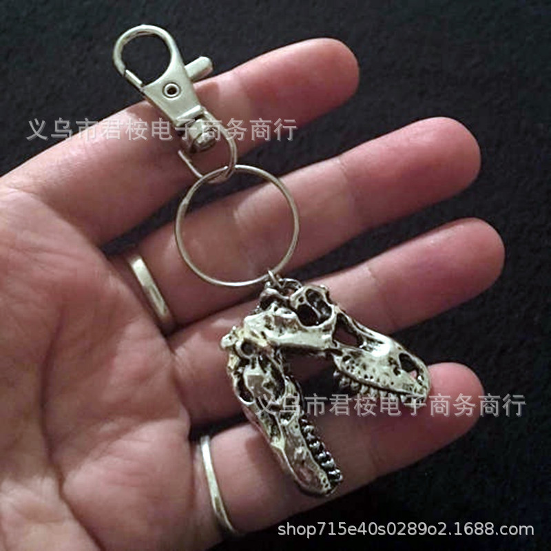 Amazon Hot Sale Handmade Tyrannosaurus Rex Dinosaur Skull Pendant Keychain Tyrannosaurus Rex Silver Plated Key Ring Wholesale