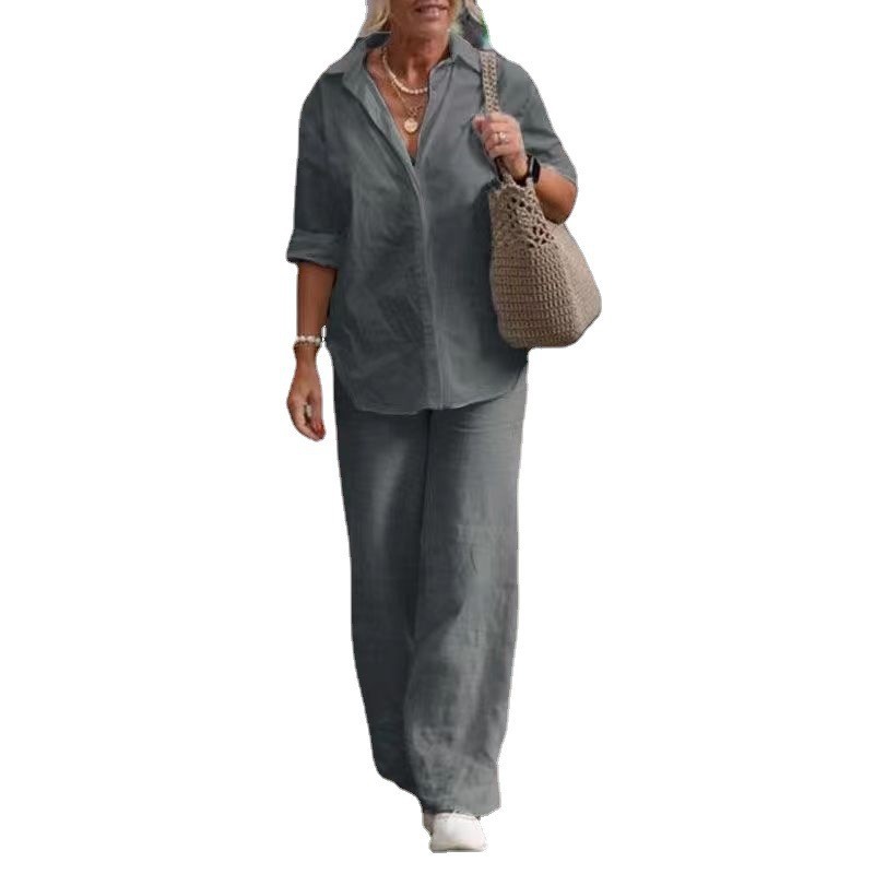 Picture of European and American Cross-Border Women's Two-Piece Set for Women 2024 Lapel Long-Sleeved Shirt Spring and Autum Casual Pure Color Pants Wide-Leg Suit