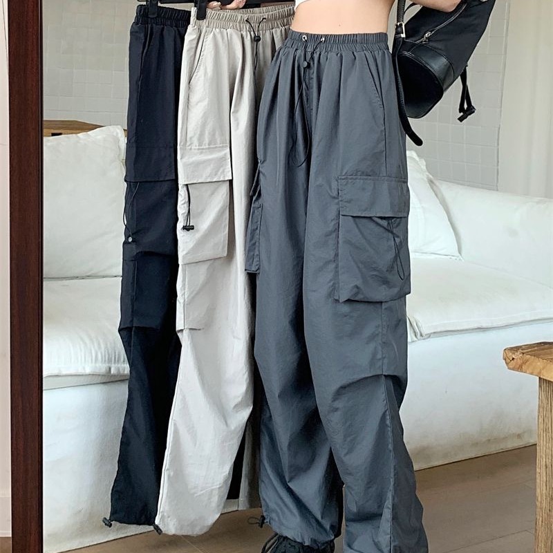 Cross-border 2024 Summer new hot girl overalls drawstring casual pants draping loose straight wide-leg pants mop pants