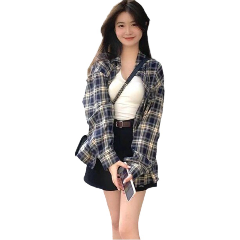 Retro Hong Kong Style Plaid Long-Sleeved Shirt Women's Top 2025 Spring & Fall Inner and Outer Wear Design Cardigan Thin Jacket