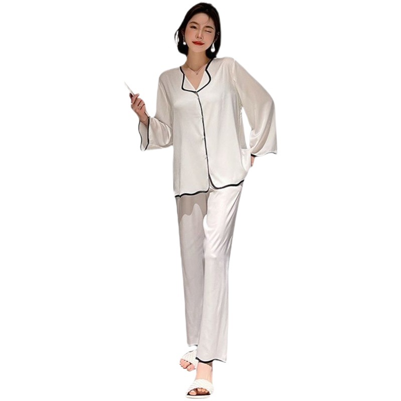 Summer Women's Ice Silk Pajamas Women's Autum Long-Sleeved Suit Korean Style Solid Color Cardigan High-End Large Size Home Wear for Women