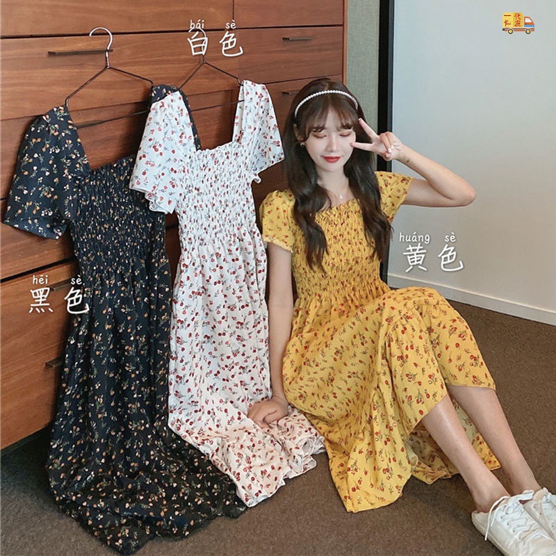 Floral Dress Women's Summer Dress 2022 New Large Size Fairy Dress for Chubby Girls French Square Collar Chiffon Midi Dress