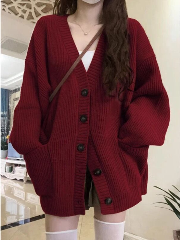 Mid-length Chanel Style Christmas Sweater Women's Autumn and Winter New Year of Life Lazy Style Red Knitted Cardigan Jacket