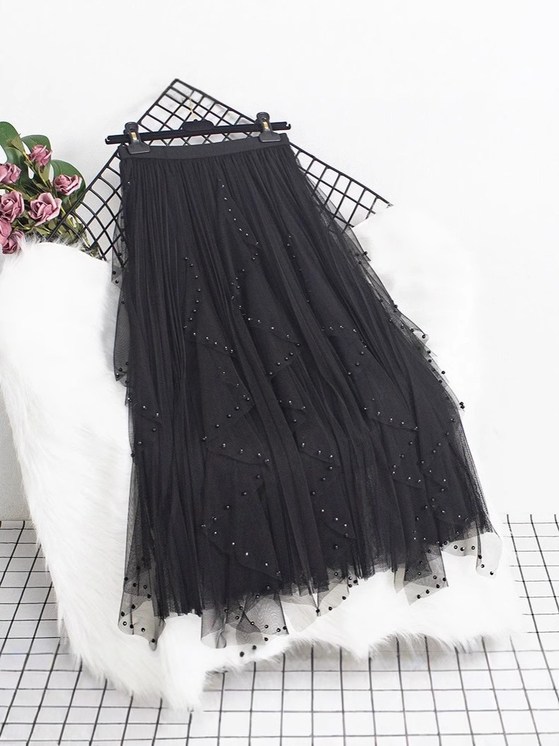 Spring New Style Beaded Rhinestone Long A-Line Skirt with Large Hem, Fashionable and Versatile
