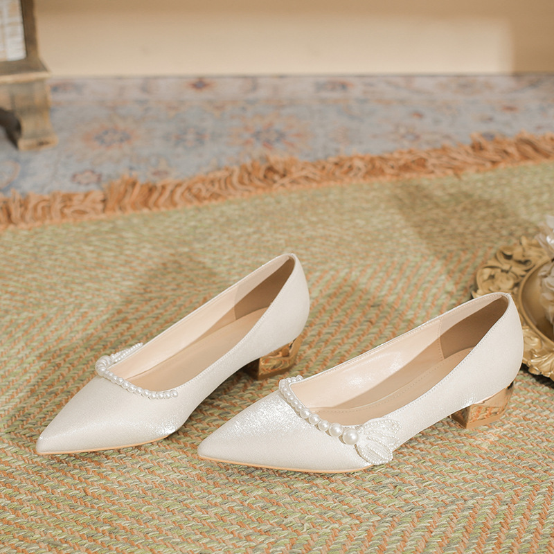 French Satin Flats for Women That Can Be Worn Daily, Apricot Bridesmaid Shoes, Fashionable Elegant High Heels, Women's Thick Heels, Maternity Shoes