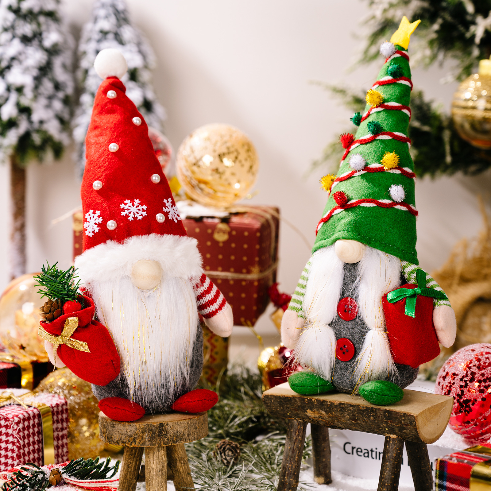 New Christmas Doll Decoration Supplies Red and Green Creative Standing Faceless Doll Ornaments Tree-Shaped Dwarf Dolls