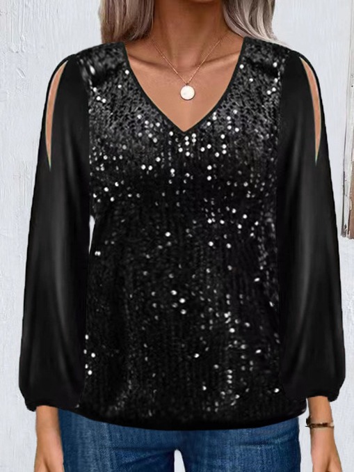 2023 spring and summer European and American AliExpress V-neck pullover top bead stitching shoulder leakage fashion lantern sleeve women's T-shirt