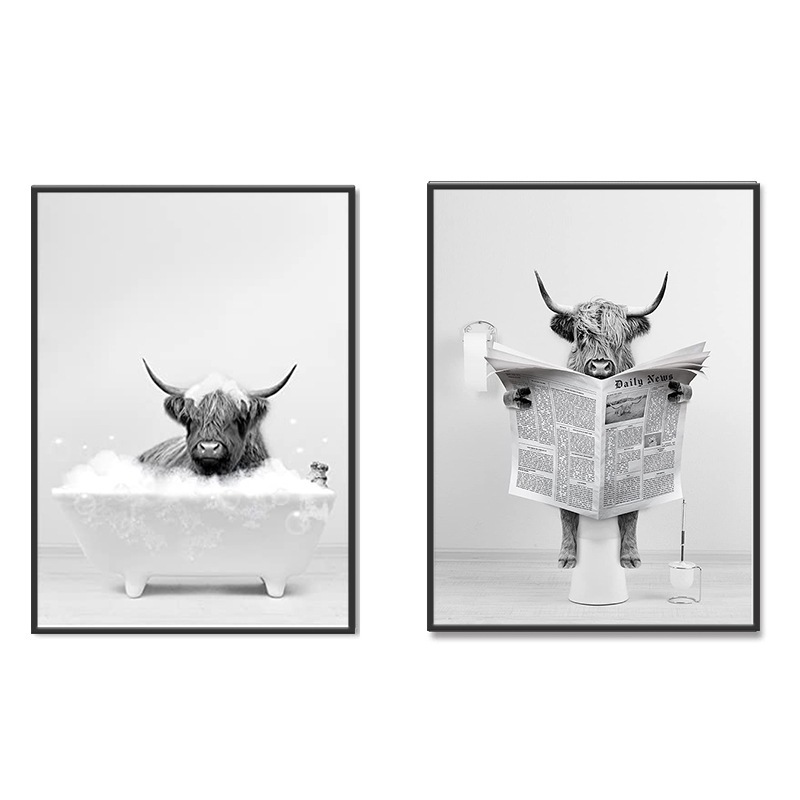 Modern Nordic Foreign Trade Black and White Animal Bath Cow Toilet Bathroom Wall Painting Poster Mural Frameless Core