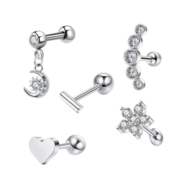 Picture of 5-Piece Set of Amazon Geometric Stainless Steel Zircon Earrings Cross-Border European and American Piercing Jewelry Silver Twisted Tooth Earrings