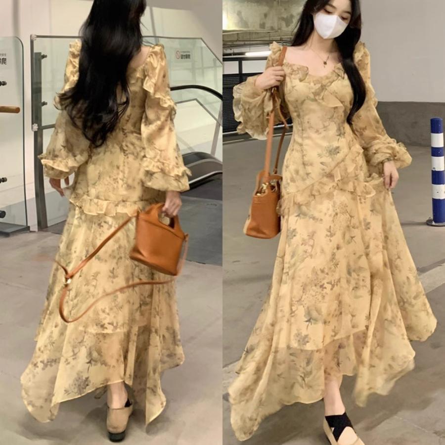 French Elegant Ruffled Floral dress Children 2024 Autumn New Niche Design Western Style Long Skirt