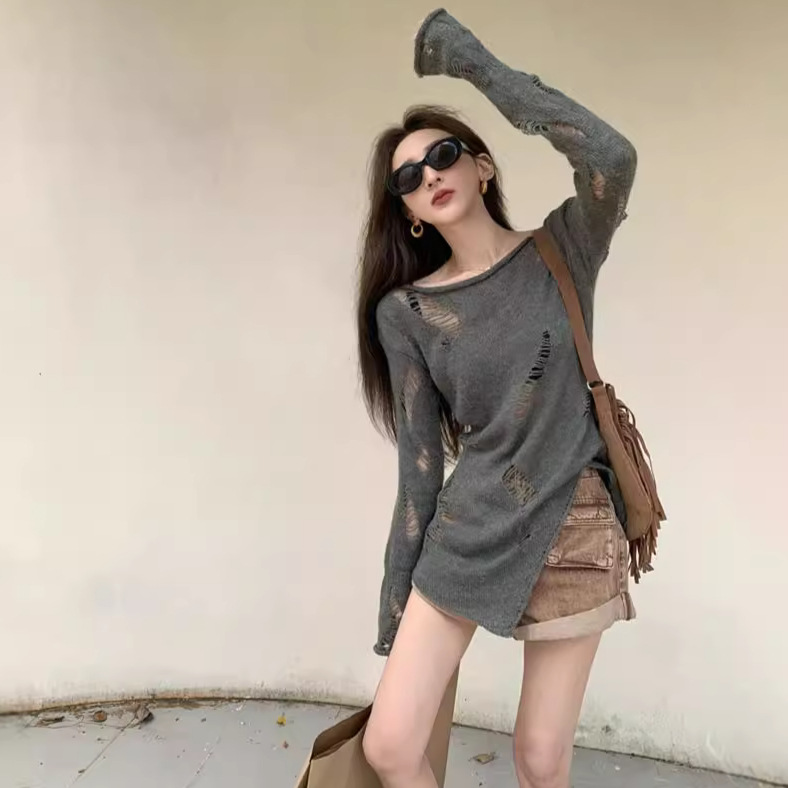 Hong Kong Style Sun Protection Blouse for Women Spring & Fall Lazy Style New Style Outer Ripped Gray Knitwear Design Knitted Knitwear Top