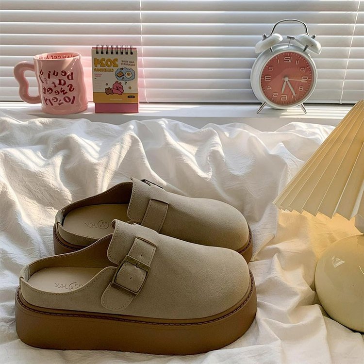 Vintage Thick-soled Bucken Baotou Half Slippers Women's 2024 Autumn New Elevated Outfit Lazy Slip-on Bocken Shoes