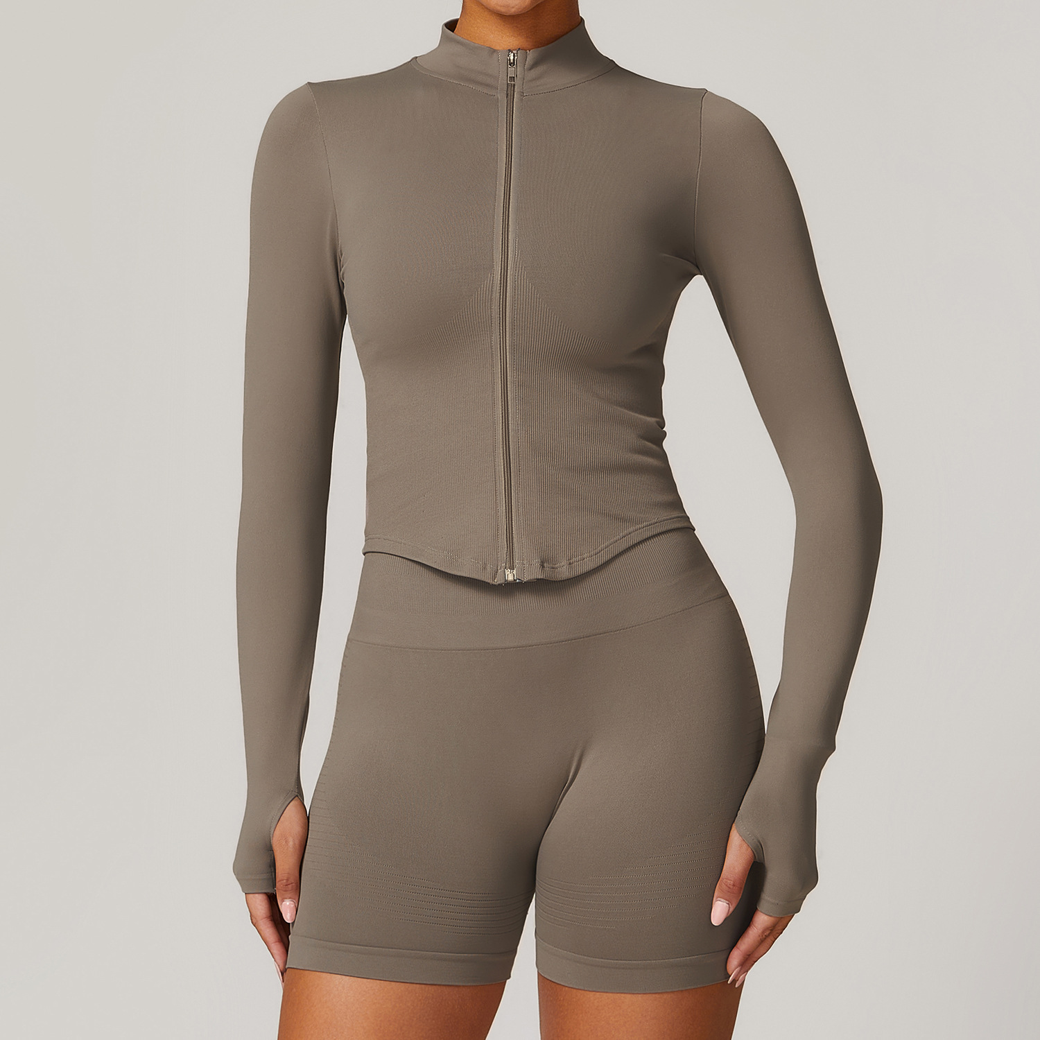 Picture of European and American stand collar zipper long sleeve yoga coat women's tight-fitting quick-drying yoga clothing outdoor fitness sports top 7725