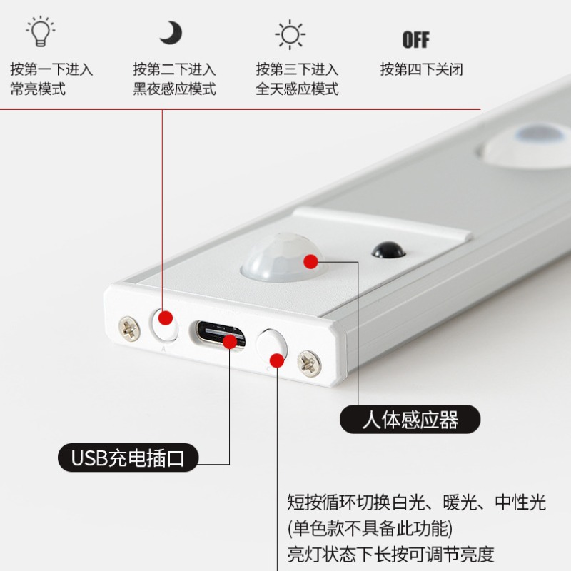 Cross-Border Led Smart Human Body Sensor Light Wine Cabinet Atmosphere Light Rechargeable Night Light Wardrobe Cabinet Light Strip Light Strip