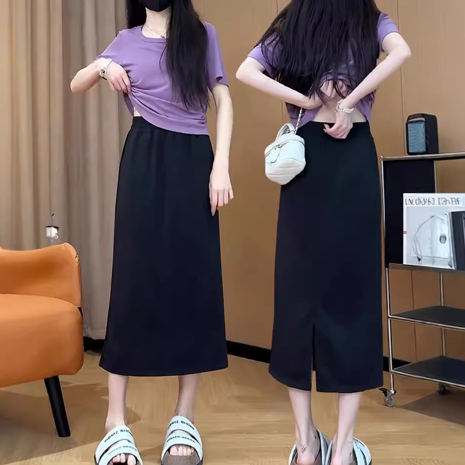 Ice Silk Thin Split Black Skirt Women's Summer 2024 New Style Dipper A- shape Casual Straight Skirt