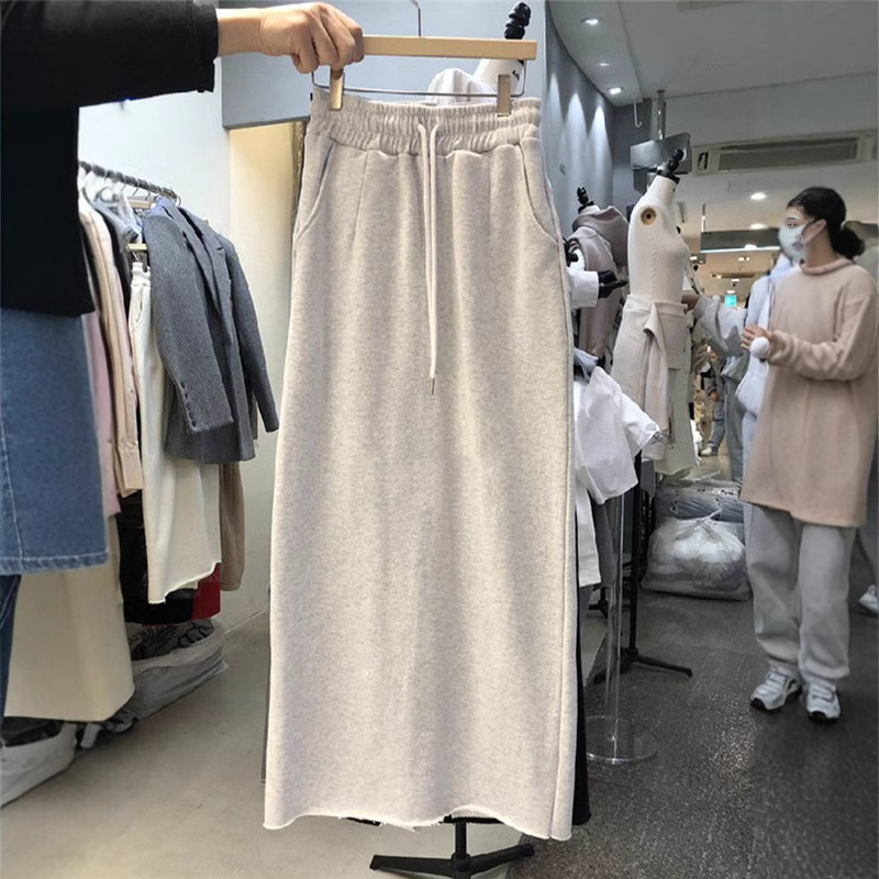 South Korea Dongdaemun 2025 Spring and Autumn New Fashion Drawstring Loose Waist Solid Color Split Skirt Joker Midi Skirt