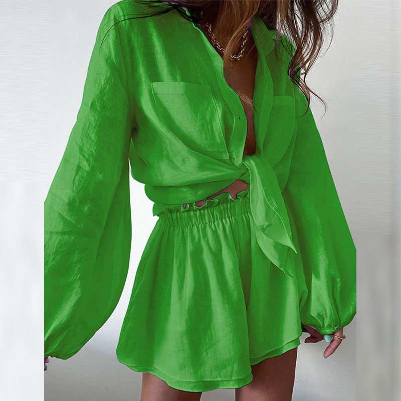 Picture of Spot summer Amazon Europe and the United States cross-border new women's casual fashion solid color ruffled shorts long sleeve suit