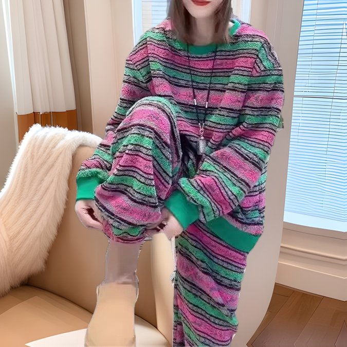 Super plus size 1.00 kg-150.00 kg fat m autumn and winter new striped color matching circle cotton long sleeve sweater toe straight pants two-piece set