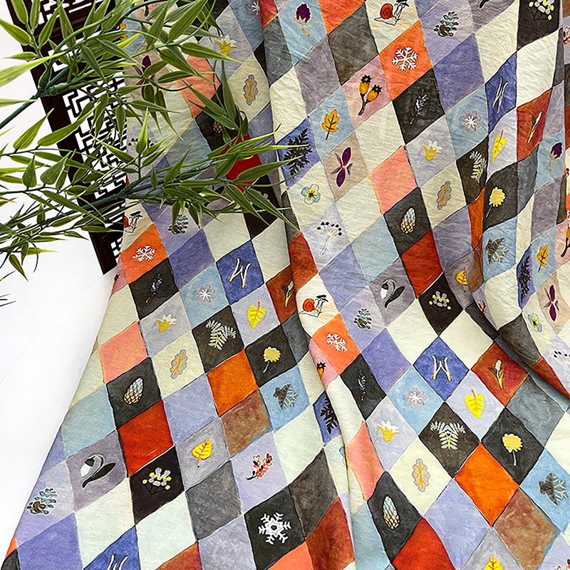 Diamond Shape Natural Collage National Style Digital Printed Fabric Brocade Cotton Fabric Cheongsam Dress Top Hanfu Fabric