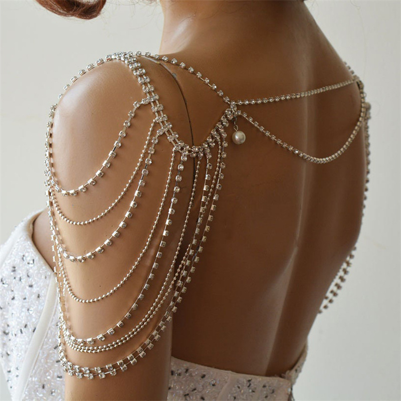 Retro ethnic style tassel shoulder chain Women's European and American fashion rhinestone multi-layer tassel shoulder chain dress accessories