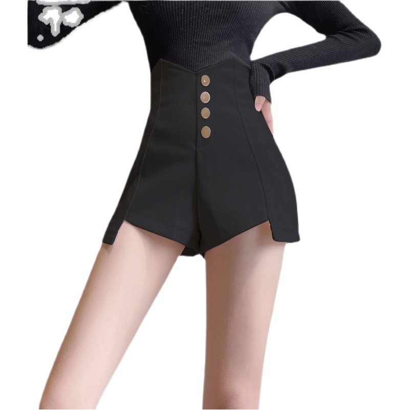 Large Size Women's Clothing Chubby Girl Black Shorts Outer Wearing Spring and Summer New Design Sense Button High Waist Slimming a-Shaped Wide Leg Pants