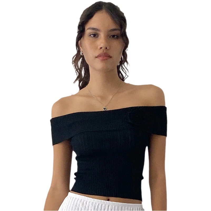 2024 Hot Style Y2K Cross-Border Amazon Sexy One-Shoulder Stereo Flower Long-Sleeved Sweater Knitted Short Top