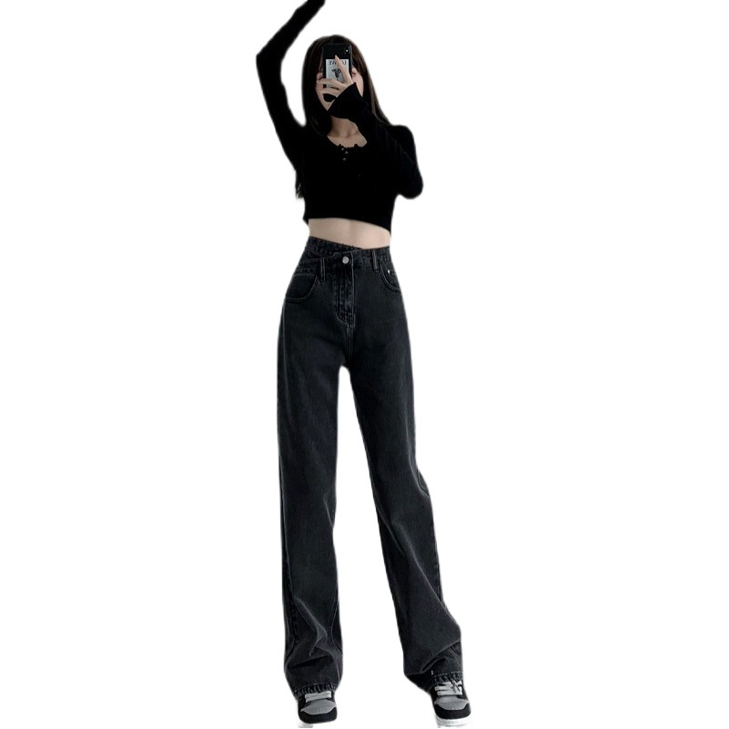 Black and Grey High Waist Design Sense Cross Waist Jeans Women's Slim Look Straight Trousers Dagging Sense Loose Mopping Pants Women