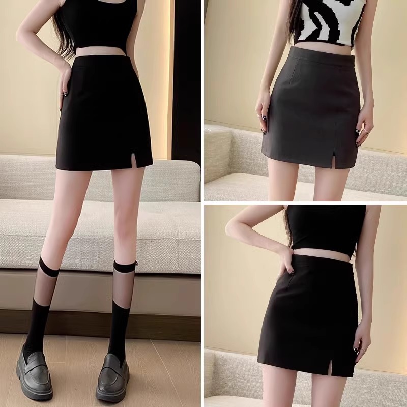 Skirt 2024 Summer high waist new slimming one-step black stretch short suit thin split skirt for women
