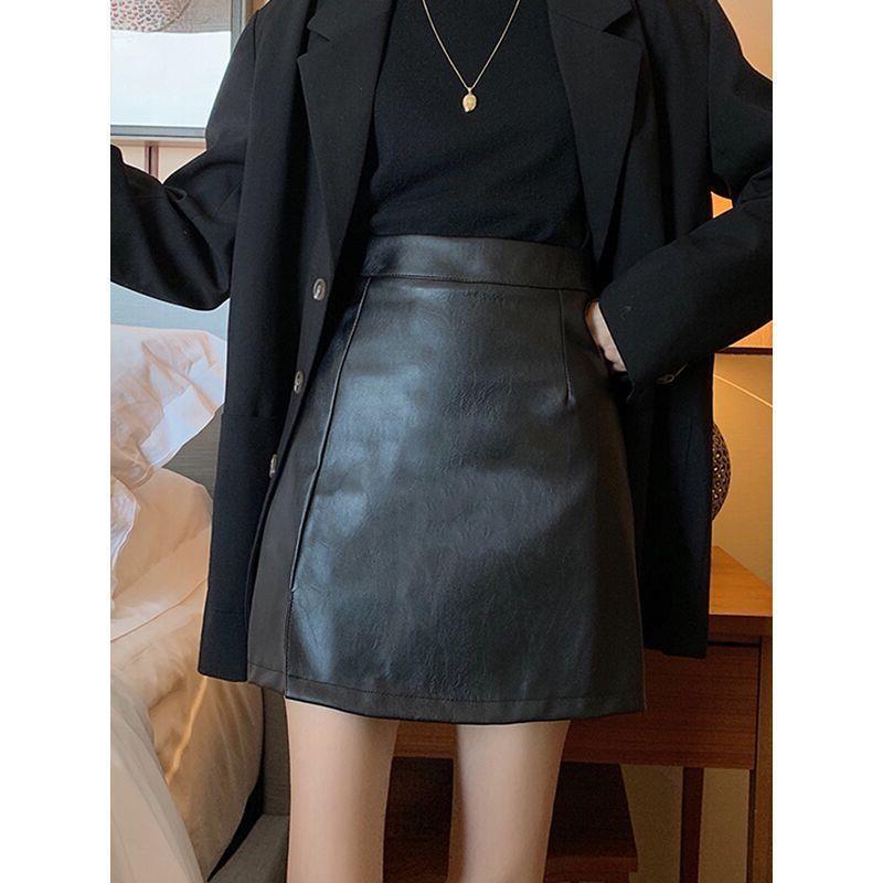 Spring and Autumn Small ins Leather Skirt Black Skirt Women's High Waist A-line Slimming Easiest for Match Hip Slit Short Skirt Winter