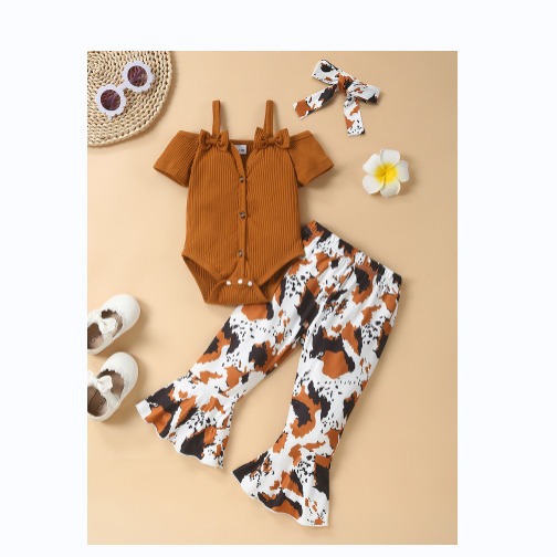 2024 Summer new children's fashion sling breasted romper + tie-dyed printed flared pants pants suit with hair band
