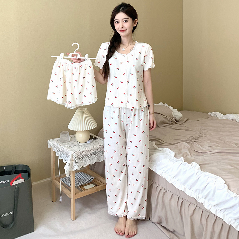 6535 Cotton Pajamas Female Princess Style Cute Sweet Spring Summer Cardigan Short Sleeve Shorts Trousers Three-Piece Home Clothes
