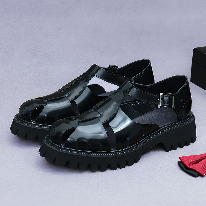 [presale non-in stock] 4.5 thick-soled increased sandals men's bright face cowhide buckle business leather sandals men