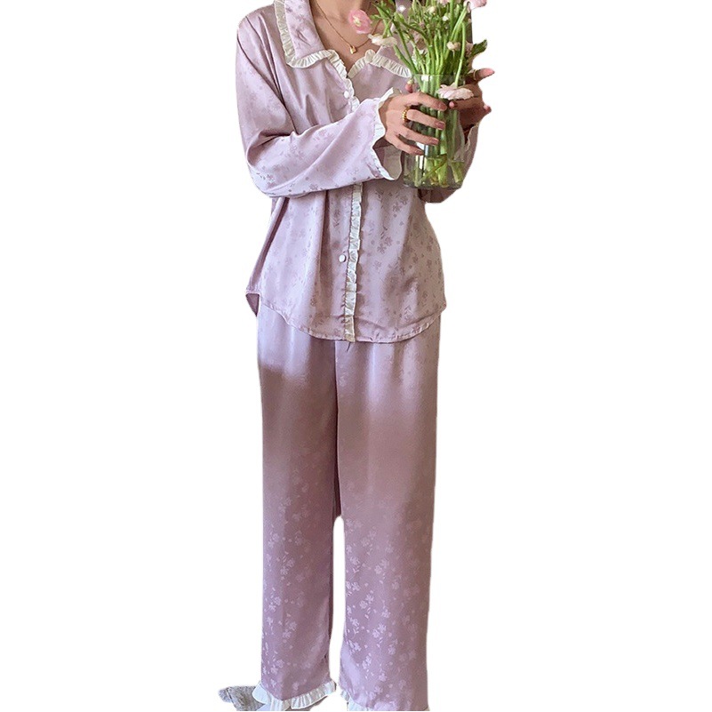Ice Silk pajamas for women Spring and Summer 2024 New jacquard flower stem long sleeve suit outer wear spring and autumn French home delivery