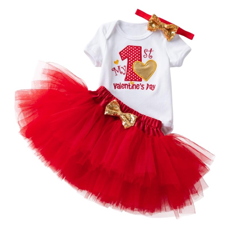 Baby's Pure Cotton Short-sleeved Hats Exquisite Embroidered Letters 1 Year Old Birthday Suit Valentine's Day Costume Mesh Princess Dress