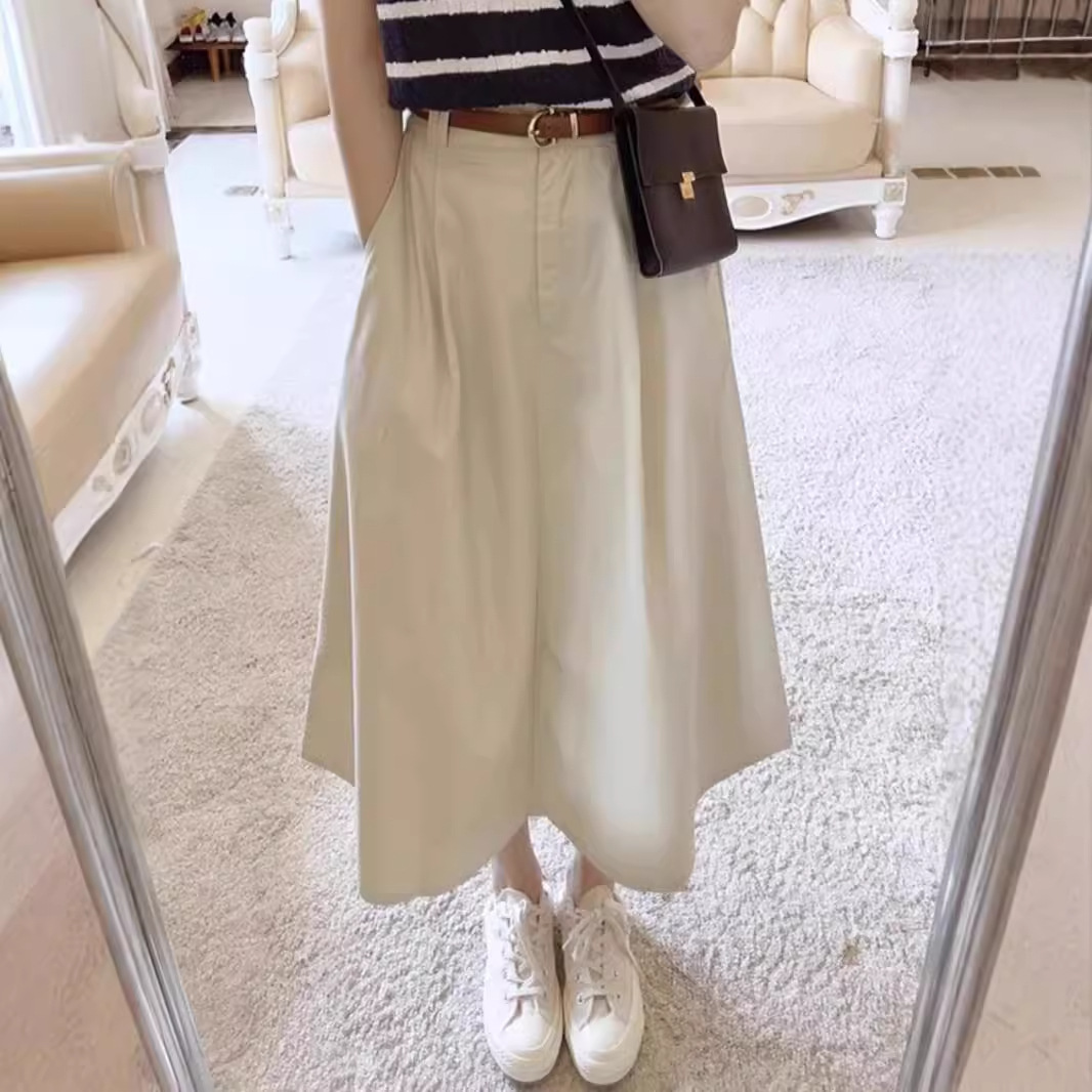 Japanese Style Retro Over-the-Knee Skirt Women's High Waist Design Loose A- Line Long Skirt Age-reducing All-match Simple Mid-length Skirt