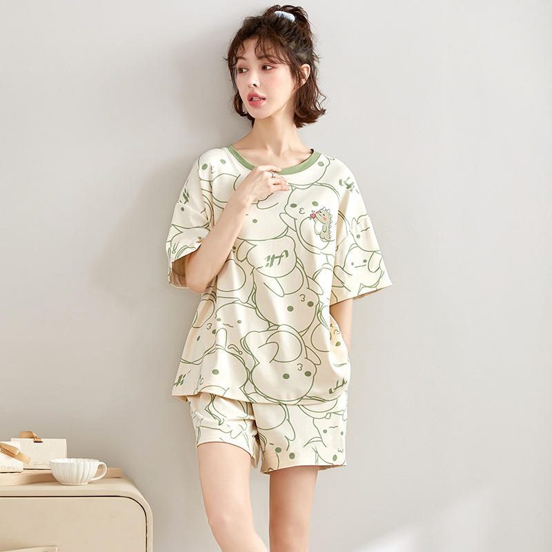 2023 Short-sleeved Pajamas Women's Summer Thin Cotton Home Clothes with Chest Pad Anti-bump Outfit Cross-border suit
