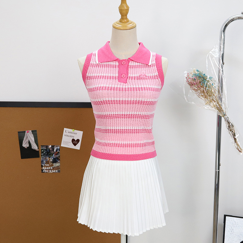 2025 Summer New Style Lapel Stripesd Color-Blocked Knitted Vest Slimming Look and Age-Reducing Sleeveless Versatile Top for Women